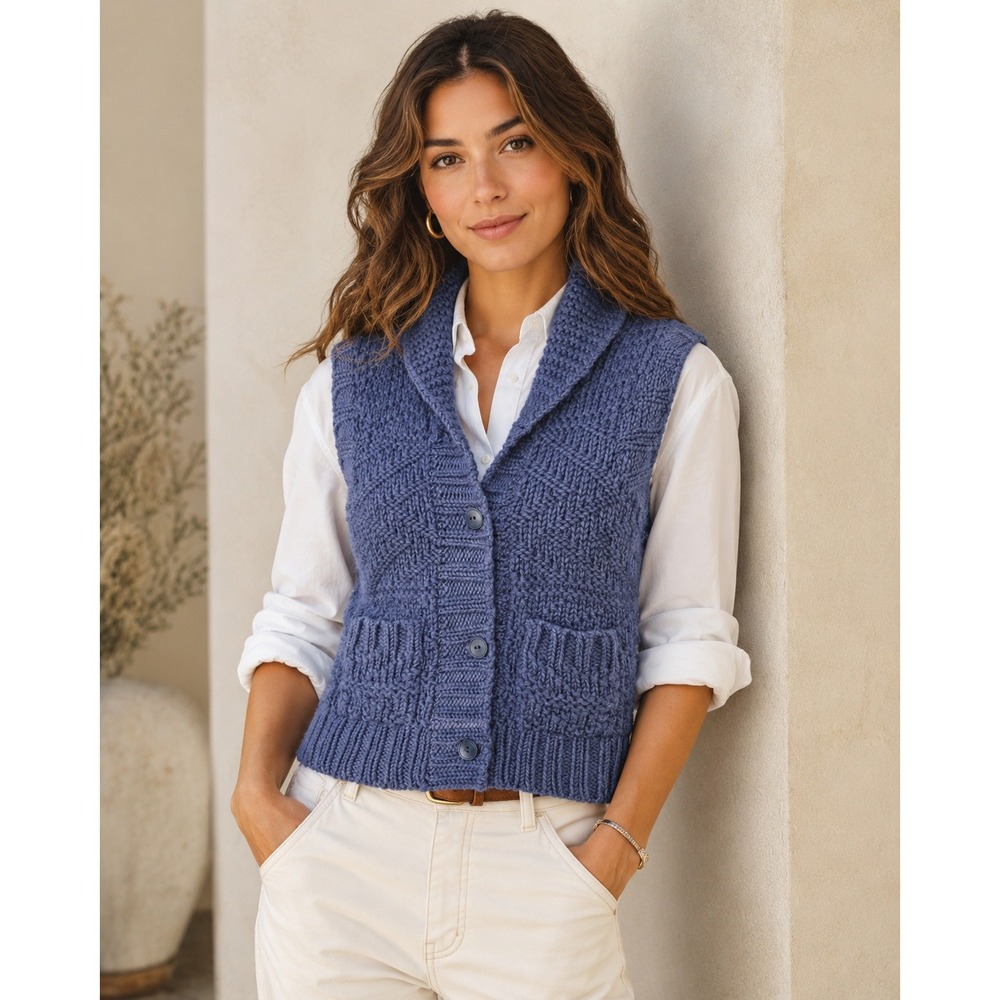 Polo Jeans Co. Ralph Lauren Wool Sweater Vest XS Shawl Collar Blue Chunky Knit